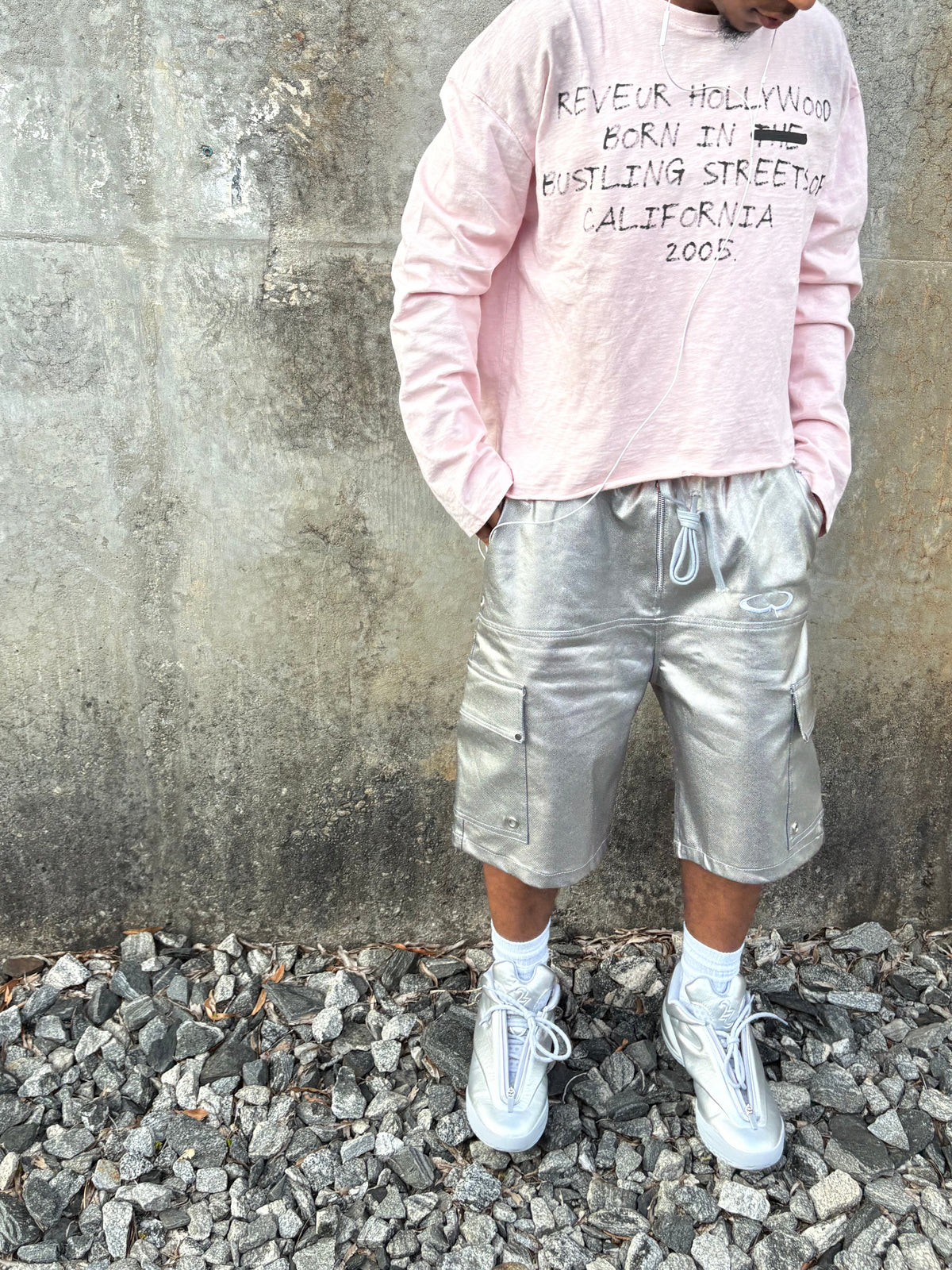 Silver Katakana Waxed Denim Shorts