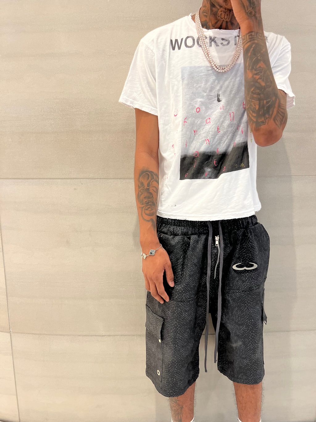 “Snake” Katakana Waxed Denim Shorts
