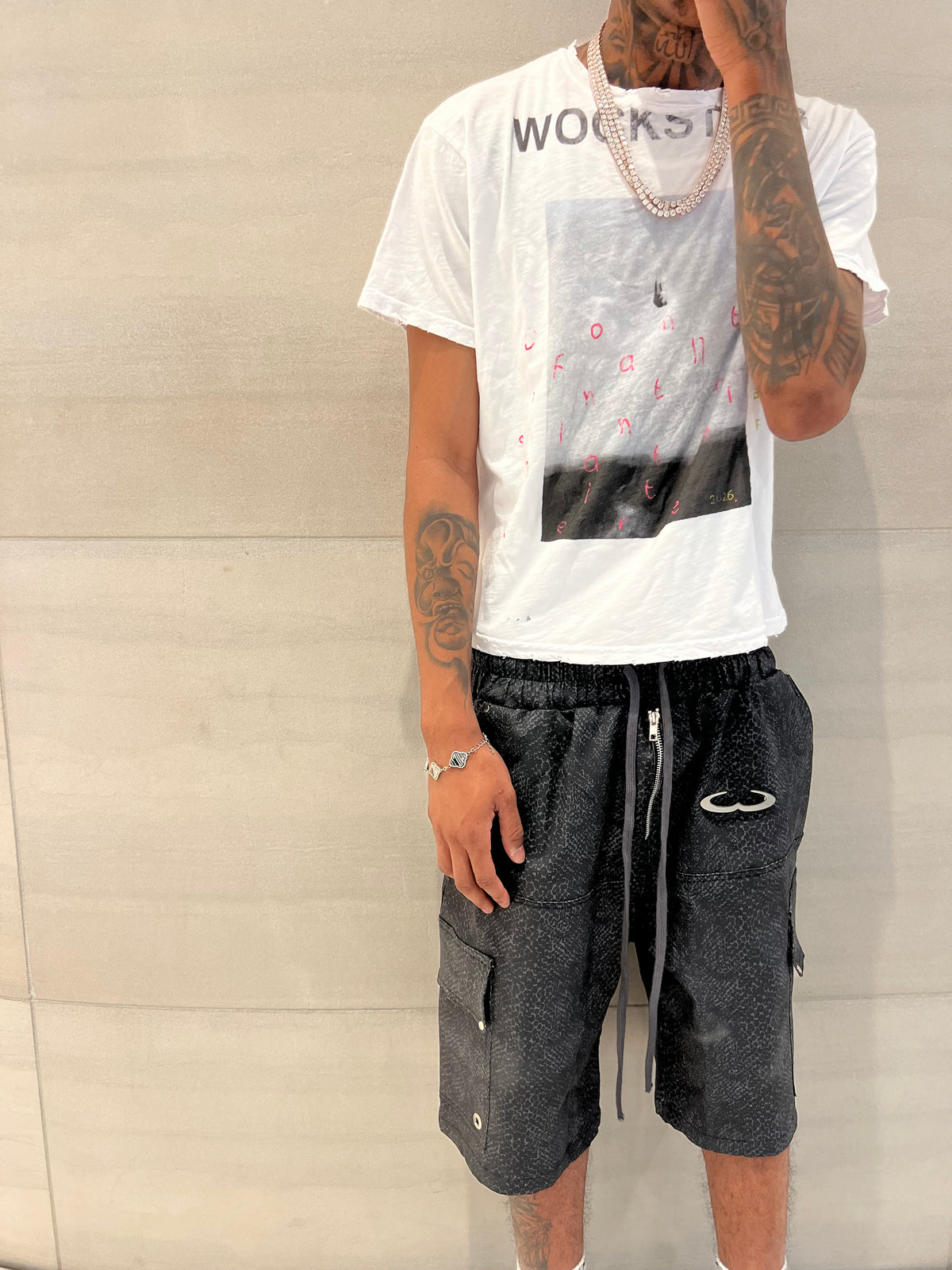 “Snake” Katakana Waxed Denim Shorts